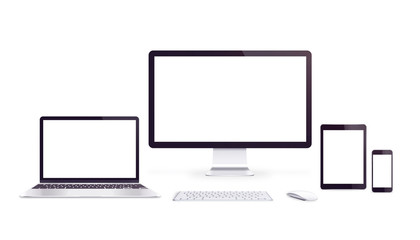Poster - Isolated responsive devices with blank displays for app or web page promotion.