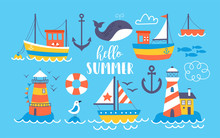 Cute Boats And Lighthouse Summer Set.