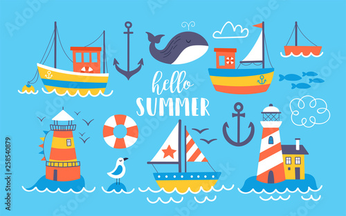 Fotografía Cute boats and lighthouse summer set.