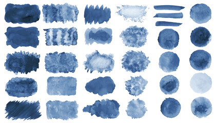 Poster - Collection of hand-made blue watercolor painted brushes, smears, blobs, stains, circles, stripes, stickers, spot, blots, slick, web buttons, patch backgrounds creative decorative elements Isolated