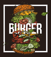 Sketch poster with flying burger. Hand drawn vector illustration with ingredients and components for hamburger. Fast food design trendy concept on black background with frame