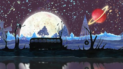 night fantasy landscape with moon and planets, seamless looped animation