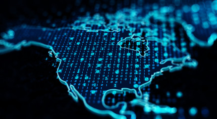 Binary code  background/Blue bytes of binary code, flying over the ground map, code background with depth of field and bokeh