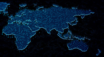 binary code background/blue bytes of binary code, flying over the ground map, code background with d