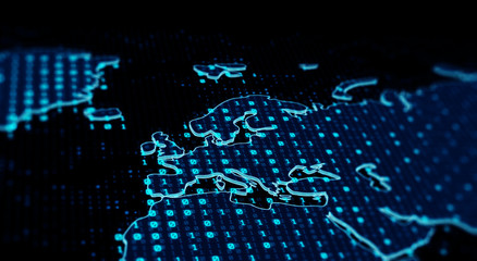 Binary code  background/Blue bytes of binary code, flying over the ground map, code background with depth of field and bokeh