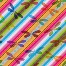 Vivid Diagonal Striped Seamless Pattern With Colorful Translucent Dragonflies.