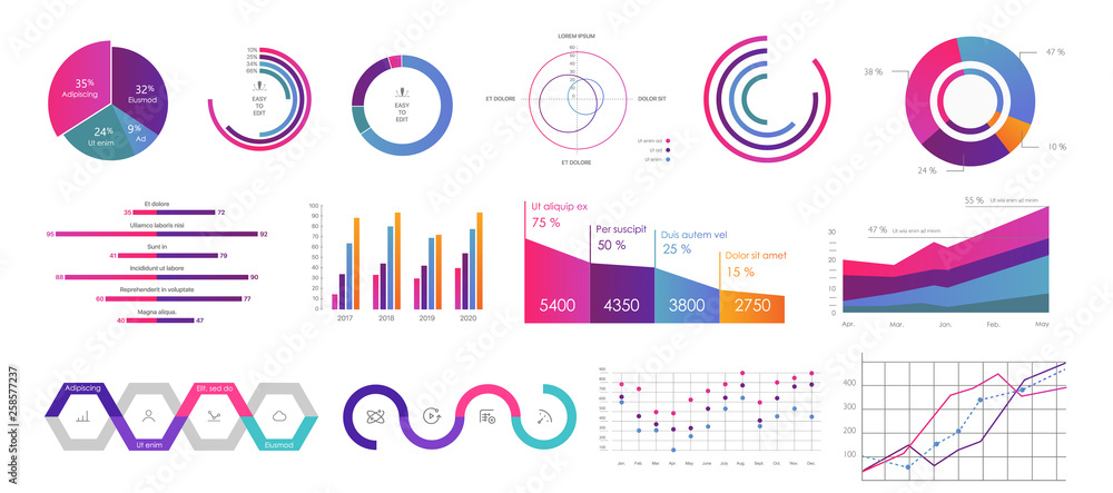 Editable Infographic Templates. Use in corporate report, marketing, annual report. Network management data screen with charts, diagrams. Hud vector interface - obrazy, fototapety, plakaty 