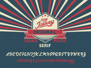 Hey Johnny. New serif handmade font in hipster style and very colorful. Pop art. American style 50th. 