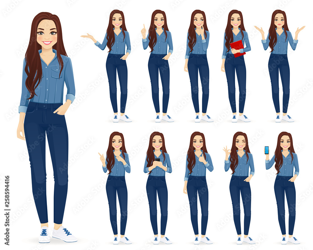 Young woman with long hair in casual denim shirt and jeans set different gestures isolated vector iilustration - obrazy, fototapety, plakaty 