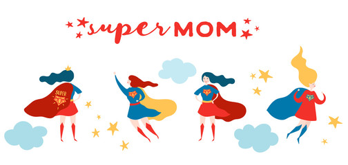 Mothers Day Greeting Card with Super Mom. Superhero Mother Character in Red Cape Design for Mother Day Poster, Banner. Vector flat cartoon illustration