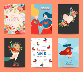 Wall Mural - Mothers Day Greeting Card Set. Happy Mother Day Design with Woman Superhero Character and Flowers Bouquet. Floral Spring Banner, Poster, Flyer. Vector illustration