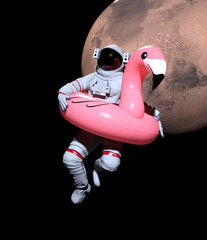Wall Mural - astronaut with pink float looking for water on mars - 3d illustration