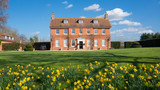 Fototapeta Londyn - Elegant English Country Manor mansion house Grade 2 listed Victorian period property in red brick. Front view with large garden, green lawn and daffodils