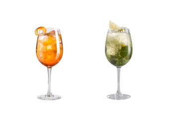 Alcohol cocktail with mint, fruit and berries on a white background. A set of two cocktails in glass goblets on a long leg.