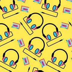 Wall Mural - pattern headphone with cassette tape of nineties