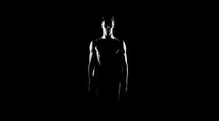 Wall Mural - Black and white silhouette of male ballet dancer. Long monochrom horizontal image.