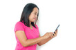 © BNMK0819 - Asian woman in t-shirt with smartphone over white background.