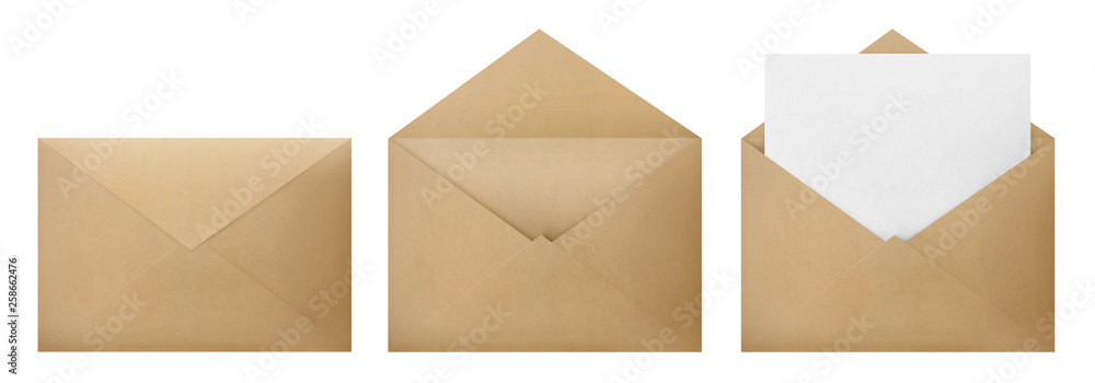 Set of brown envelopes (sealed, empty and with a blank paper inside), isolated on white background - obrazy, fototapety, plakaty 