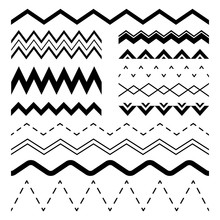 Wavy Zigzag. Wiggle Jagged Waves, Parallel Sinus Line Wave Border And Sine Zigzags Frame Vector Seamless Illustration Set