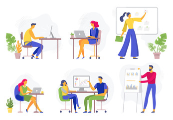 Wall Mural - office workflow. working business people, remote teamwork and workers team collaboration flat vector