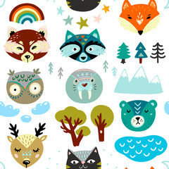 Wall Mural - Seamless pattern with animals hand drawn faces and nature elements. Kids illustration