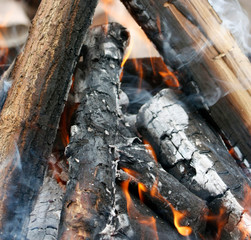 Fire. Closeup of pile of wood burning with flames in the fireplace.