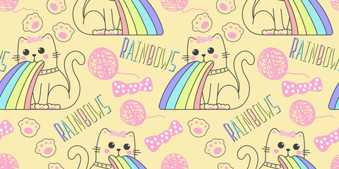 seamless pattern with cute cat in kawaii style puking rainbow