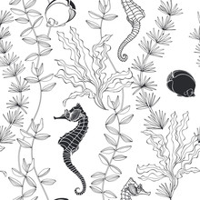 Seamless Vector Pattern With Algae,sea Horse And Fish. Abstract Underwater Background.