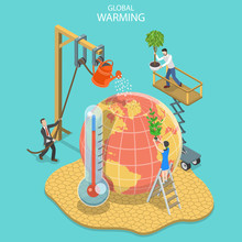 Isometric Flat Vector Concept Of Global Warming, Climate Change, Natural Disaster.