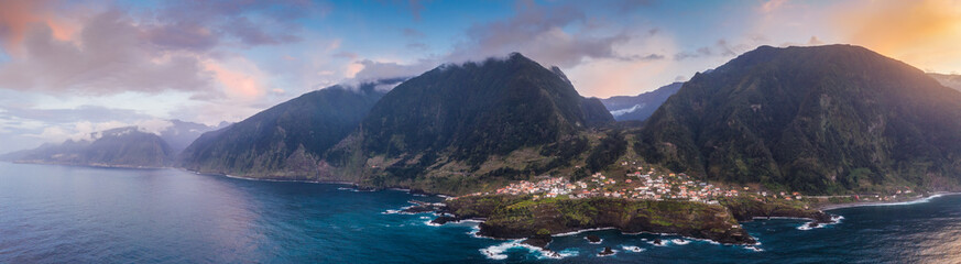 Fototapete - Beautiful mountain landscape of Seixal, Madeira island, Portugal, at sunset. Aerial panorama view.