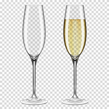 Set Of Realistic Transparent Wine Glasses Empty And With Champagne, Isolated On Transparent Background.