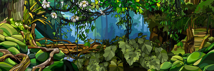 jungle background with lush tropical plants and trees