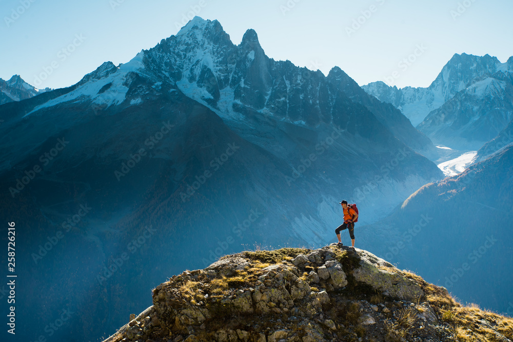 A hiker on top of a rocky summit in the mountains of the Alps - obrazy, fototapety, plakaty 
