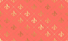 Vector Seamless Coral Pattern With Golden Lilies. Luxury Wallpaper Background With Fleur De Lis.