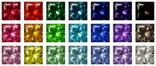 Set Of Multi Colored Princess Cut Diamonds Isolated On White Background