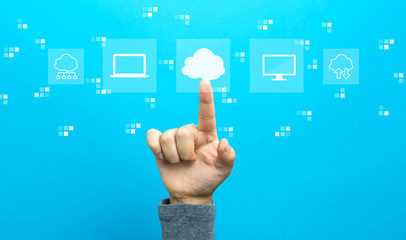 Cloud computing with hand on a blue background