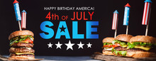 Three Fresh And Juicy Burgers With American Flag-style Fireworks Inserted Into Them. Bbq Concept Picnic To Celebrate Independence Day