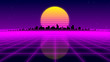 Retro 1980s synthwave glowing neon lights plane with sun and city skyline