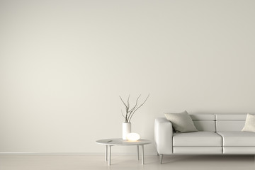 Interior of living room with beige leather sofa, white lamp and branches in vase on wooden coffee table