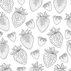 Seamless pattern with outline Strawberry in black on the white background.