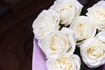 Wall Mural - White roses on a black background with water drops and pink petals.