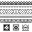 Set of seamless black and white borders and floral corner elements. Interlaced lines. Based on Georgian, Armenian, Arabic styles. Pattern brushes included in EPS file.