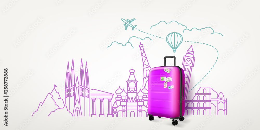 Photoreal violet suitcase with different travel famous sights. World travel vector concept - obrazy, fototapety, plakaty 