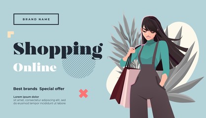 Online shopping landing page or banner template. Girl with shopping, packages. Flat Happy Female Character with Shopping Bags. Vector Illustration