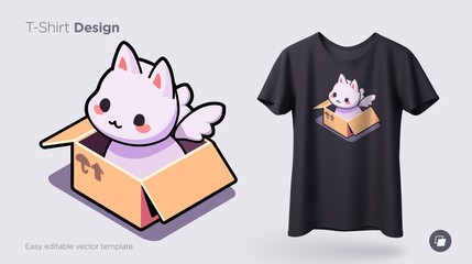 Wall Mural - Funny cat sitting in cardboard box. Print on T-shirts, sweatshirts, cases for mobile phones, souvenirs. Vector illustration