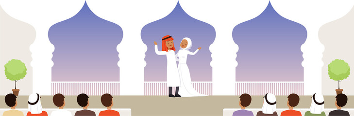 Sticker - Muslim wedding ceremony, newlyweds and their guests horizontal vector Illustration