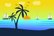 © Renat - Vector seascape and sky background. Tropical Beach and Palm Trees Silhouette Travel Holiday Vacation Concept.