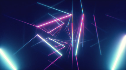 abstract flying in futuristic corridor with triangles background, fluorescent ultraviolet light, col