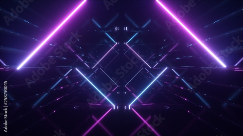 Abstract flying in futuristic corridor background, fluorescent ultraviolet light Fototapet