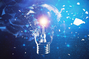 Wall Mural - 3D illustration exploding light bulb on a blue background, concept creative thinking and innovative solutions. Network connection lines and dots. Innovative idea.